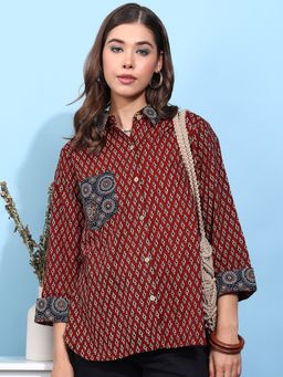 Vbuyz - Women's Maroon Printed Straight Cotton Stitched Shirt