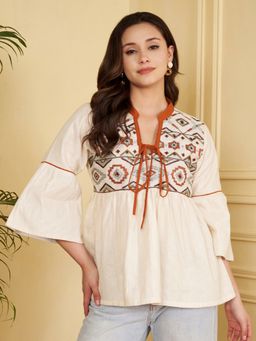 Vbuyz - Women's Off-White Geometric Fit & Flare Cotton Jacquard Stitched Top
