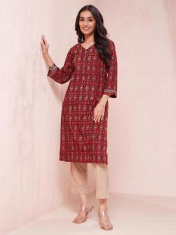 Fabindia - Maroon Cotton Ajrakh Regular Fit Knee Length Kurta