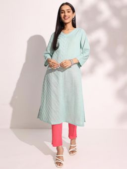 Fabindia - Blue Cotton Solid Regular Fit Calf Length Kurta