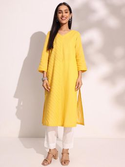 Fabindia - Yellow Cotton Solid Regular Fit Calf Length Kurta