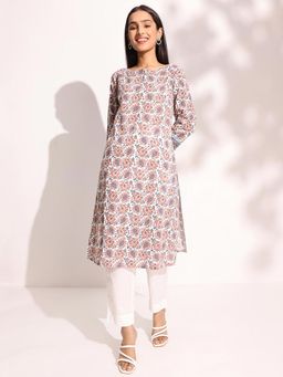 Fabindia - Peach Cotton Hand Block Print Regular Fit Knee Length