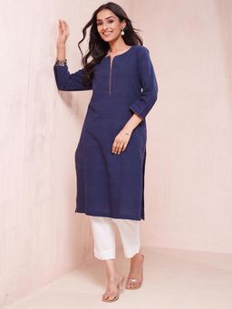 Fabindia - Blue Cotton Solid Regular Fit Knee Length Kurta