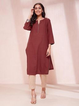 Fabindia - Maroon Cotton Solid Regular Fit Knee Length Kurta