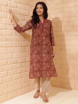Fabindia - Maroon Cotton Kalamkari Printed Long Kurta