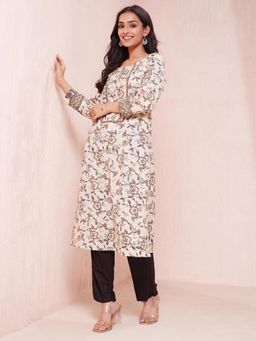 Fabindia - Beige Cotton Hand Block Regular Fit Calf Length Kurta