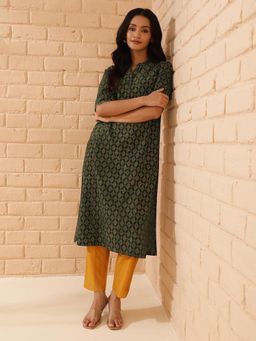 Fabindia - Green Cotton Ajrakh Printed Long Kurta