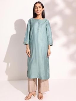 Fabindia - Turquoise Viscose Silk Embroidered Regular Fit Calf Length Kurta