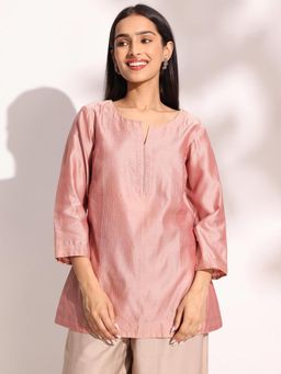 Fabindia - Peach Cotton Silk Embroidered Slim Fit Short Kurta