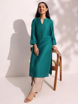 Fabindia - Teal Viscose Silk Solid Regular Fit Calf Length Kurta