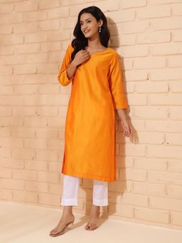 Fabindia - Yellow Cotton Silk Calf Length Long Kurta