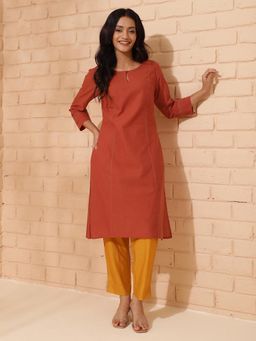 Fabindia - Red Cotton Slim Fit Knee Length Kurta