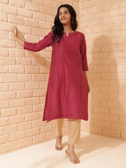 Fabindia - Maroon Cotton Silk Calf Length Long Kurta