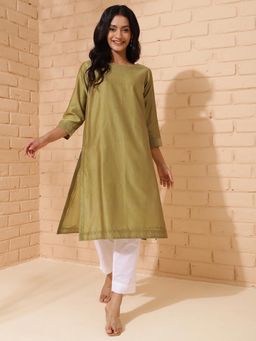 Fabindia - Green Cotton Silk Regular Fit Knee Length Kurta