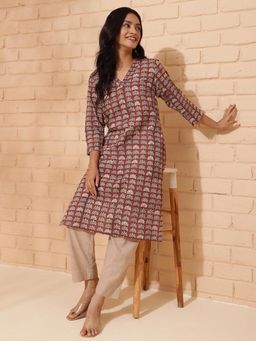 Fabindia - Red Cotton Bagru Printed Knee Length Kurta