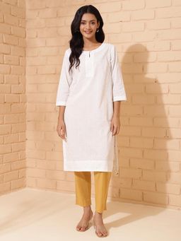 Fabindia - White Cotton Printed Knee Length Kurta