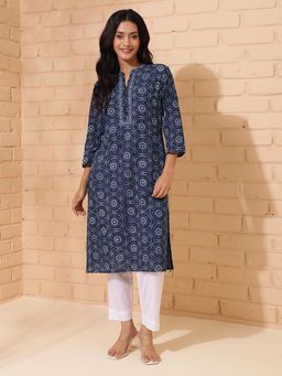 Fabindia - Blue Cotton Dabu Printed Knee Length Kurta