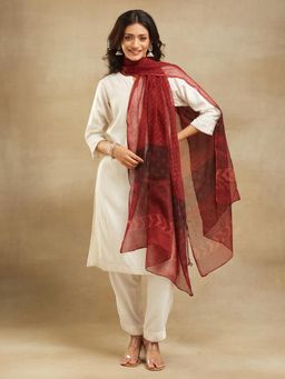 Fabindia - Red Cotton Silk Blend Dabu Printed Dupatta