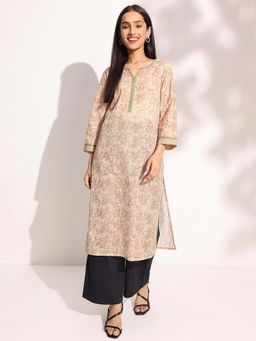 Fabindia - Beige Cotton Hand Block Print Regular Fit Kurta