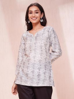 Fabindia - Grey Cotton Silk Hand Print Slim Fit Short Kurta