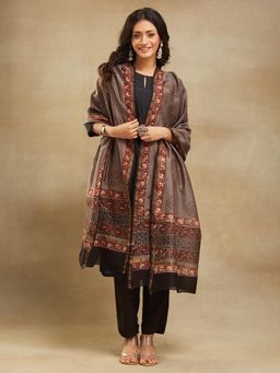 Fabindia - Grey Cotton Silk Blend Hand Block Printed Dupatta