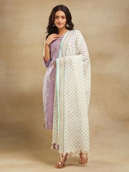 Fabindia - White Cotton Blend Hand Printed Dupatta