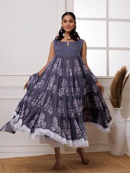 Baisacrafts - Grey Hand Block Printed Anarkali Kurta Pant & Dupatta (Set of 3)