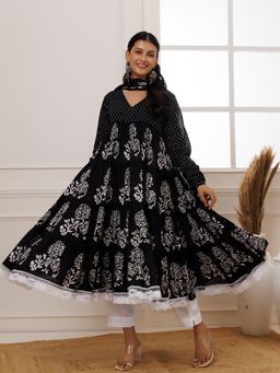 Baisacrafts - Black Hand Block Printed Anarkali Kurta Pant & Dupatta (Set of 3)