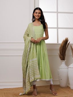 Baisacrafts - Pista Green Polka Dot Block Printed Anarkali Kurta Pant & Dupatta (Set of 3)