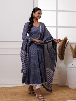 Baisacrafts - Grey Polka Dot Block Printed Anarkali Kurta Pant & Dupatta (Set of 3)