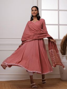 Baisacrafts - Coral Polka Dot Block Printed Anarkali Kurta Pant & Dupatta (Set of 3)