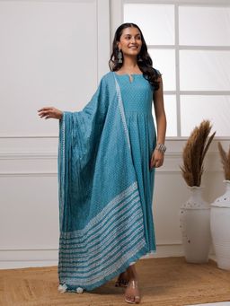 Baisacrafts - Turquoise Polka Dot Block Printed Anarkali Kurta Pant & Dupatta (Set of 3)