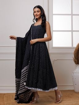 Baisacrafts - Black Polka Dot Block Printed Anarkali Kurta Pant & Dupatta (Set of 3)