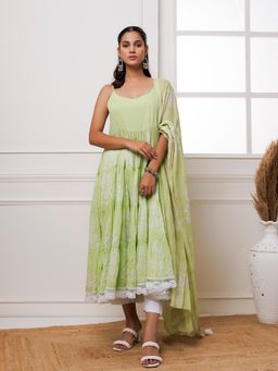 Baisacrafts - Pista Green Hand Block Printed Anarkali Kurta Pant & Dupatta (Set of 3)