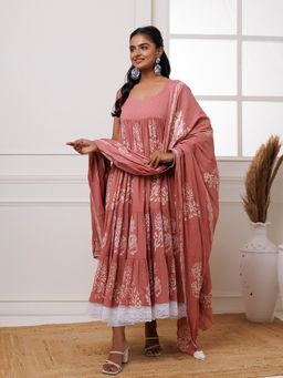 Baisacrafts - Coral Hand Block Printed Anarkali Kurta Pant & Dupatta (Set of 3)