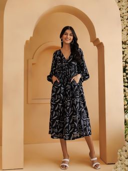 Baisacrafts - Qala Black Hand Block Printed Gathered Midi Dress