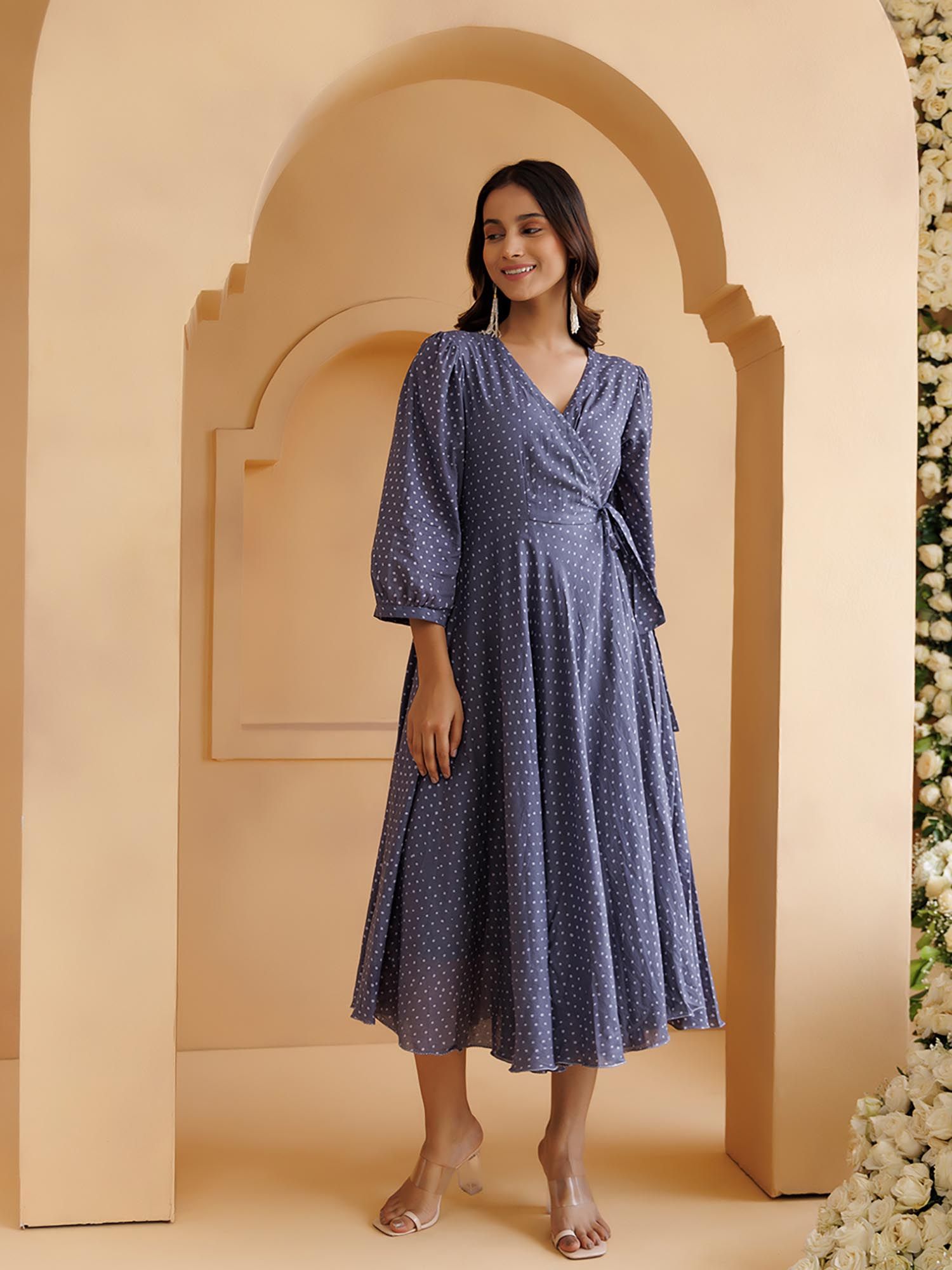 Qala Blue Polka Hand Block Printed Midi Dress-image-29