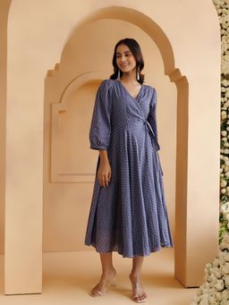 Baisacrafts - Qala Blue Polka Hand Block Printed Midi Dress