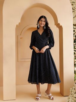 Baisacrafts - Qala Black Polka Hand Block Printed Midi Dress