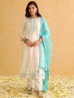 Vaamsi - Women White Silk Blend Solid Embroidered Straight Kurta Pant & Dupatta (Set of 3)