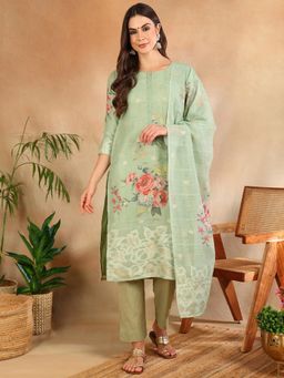 Vaamsi - Women Green Linen Blend Floral Woven Design Straight Kurta Pant & Dupatta (Set of 3)