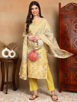 Vaamsi - Women Yellow Linen Blend Straight Kurta Pant & Dupatta (Set of 3)