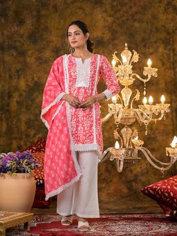 Vastramyaa - Womens Peach Panelled A-Line Kurta with Palazzo & Dupatta (Set of 3)