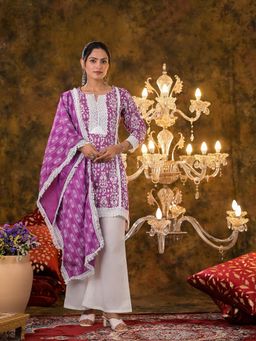 Vastramyaa - Womens Purple Panelled A-Line Kurta with Palazzo & Dupatta (Set of 3)
