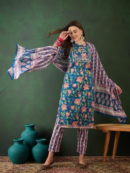 Vastramyaa - Womens Teal Blue Yoke Thread Work Kurta with Trouser & Dupatta (Set of 3)