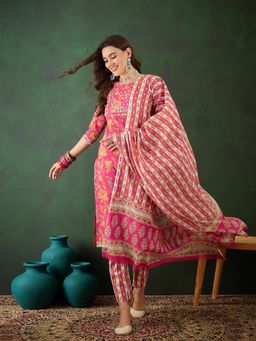 Vastramyaa - Womens Pink Yoke Thread Work Kurta with Trouser & Dupatta (Set of 3)