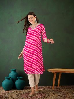 Vastramyaa - Womens Pink Neck Zari Work Striped Kurta
