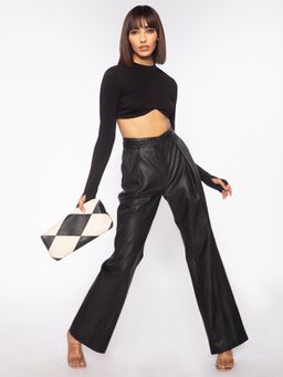 RSVP by Nykaa Fashion - Black Solid Wide Leg Faux Leather Pants