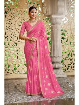 Laxmipati Sarees - Chiffon Pink Color Foil Print Lace Border Saree with Unstitched Blouse