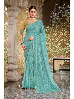 Laxmipati Sarees - Brasoo Turquoise Printed Sequined-Lace Border Saree with Unstitched Blouse